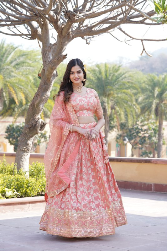 Peach Pure Dyable Viscose Jacquard With Embroidered Sequins Work Lehenga