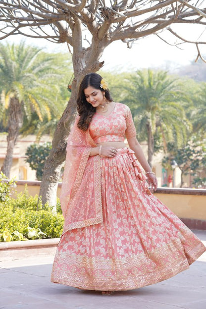 Peach Pure Dyable Viscose Jacquard With Embroidered Sequins Work Lehenga