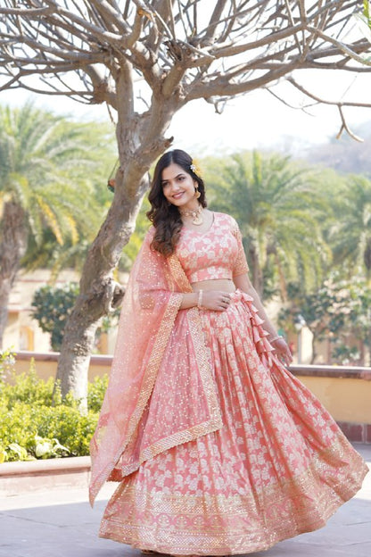 Peach Pure Dyable Viscose Jacquard With Embroidered Sequins Work Lehenga