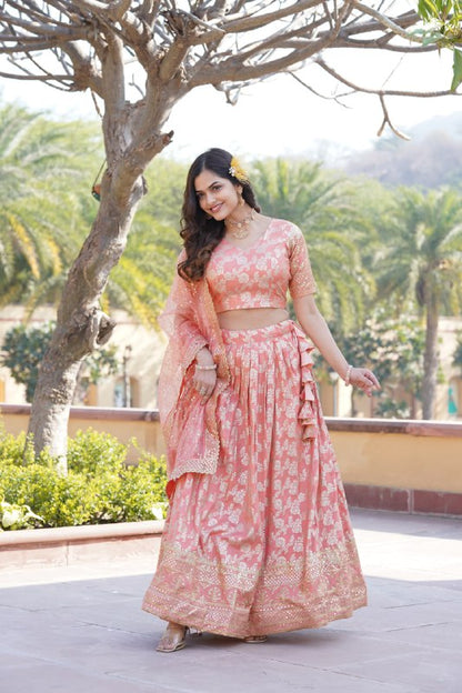 Peach Pure Dyable Viscose Jacquard With Embroidered Sequins Work Lehenga