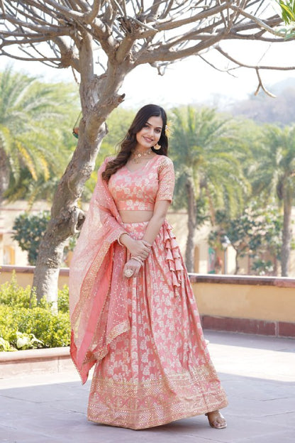 Peach Pure Dyable Viscose Jacquard With Embroidered Sequins Work Lehenga