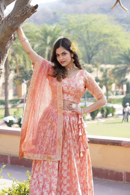 Peach Pure Dyable Viscose Jacquard With Embroidered Sequins Work Lehenga