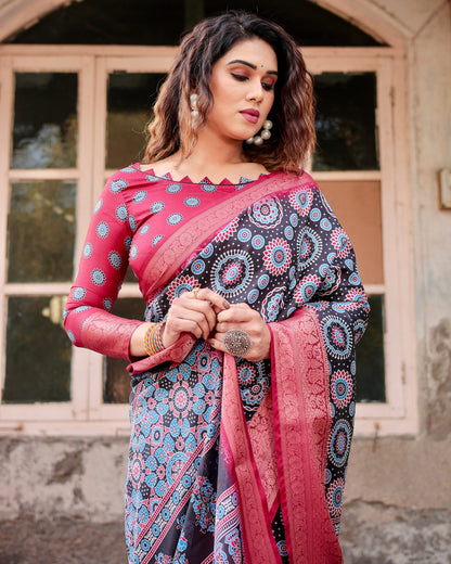 PURE SILK DIGITALLY PRINTED SAREE WEAVED WITH GOLDEN ZARI COMES WITH TASSELS