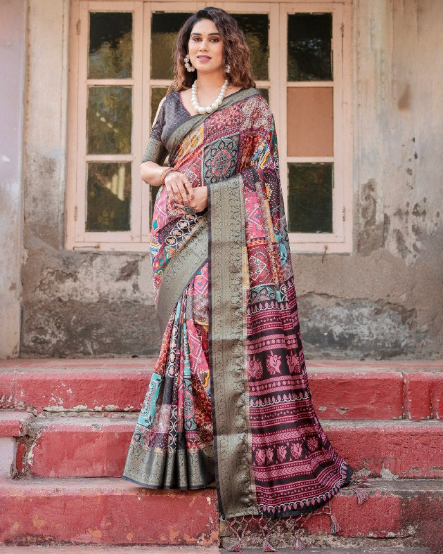 PURE SILK DIGITALLY PRINTED SAREE WEAVED WITH GOLDEN ZARI COMES WITH TASSELS