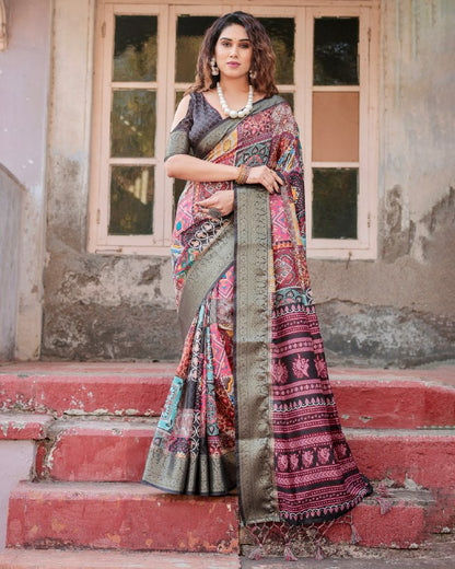 PURE SILK DIGITALLY PRINTED SAREE WEAVED WITH GOLDEN ZARI COMES WITH TASSELS