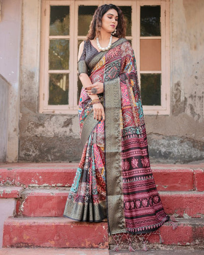 PURE SILK DIGITALLY PRINTED SAREE WEAVED WITH GOLDEN ZARI COMES WITH TASSELS