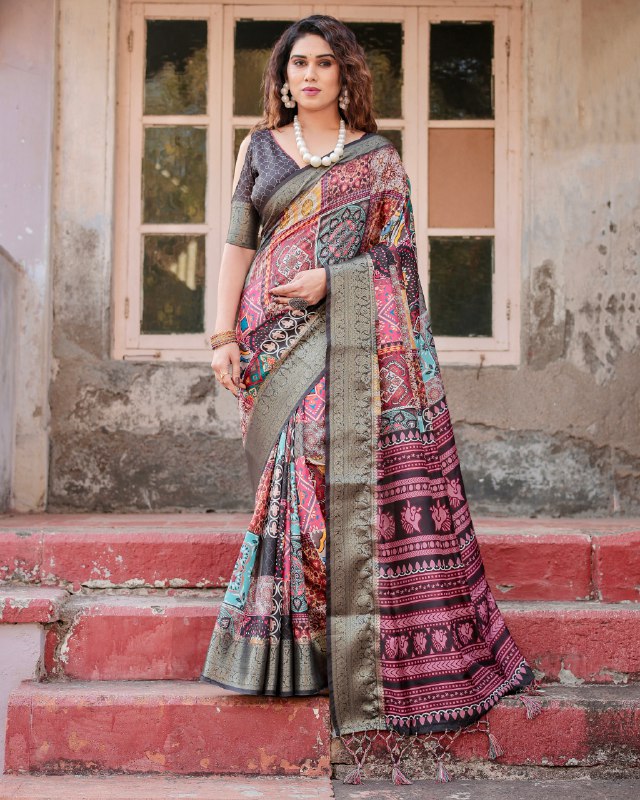 PURE SILK DIGITALLY PRINTED SAREE WEAVED WITH GOLDEN ZARI COMES WITH TASSELS