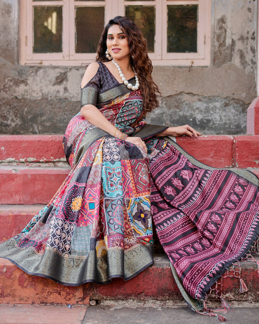 PURE SILK DIGITALLY PRINTED SAREE WEAVED WITH GOLDEN ZARI COMES WITH TASSELS