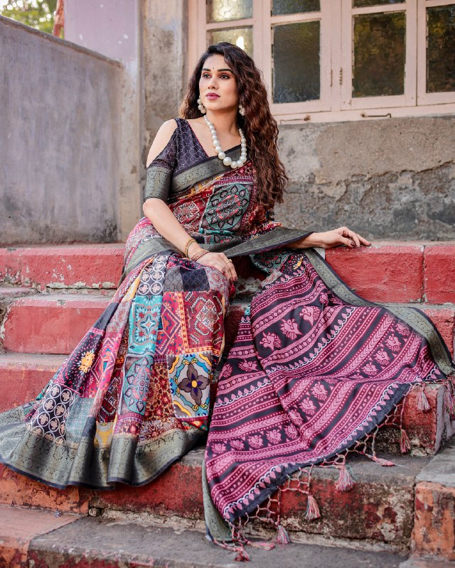 PURE SILK DIGITALLY PRINTED SAREE WEAVED WITH GOLDEN ZARI COMES WITH TASSELS