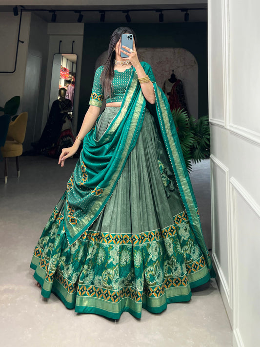 See Green Color Floral Print With Foil Print Tussar Silk Lehenga Choli