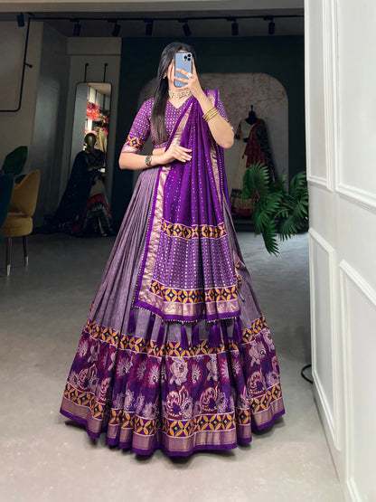 Purple Color Floral Print With Foil Print Tussar Silk Lehenga Choli