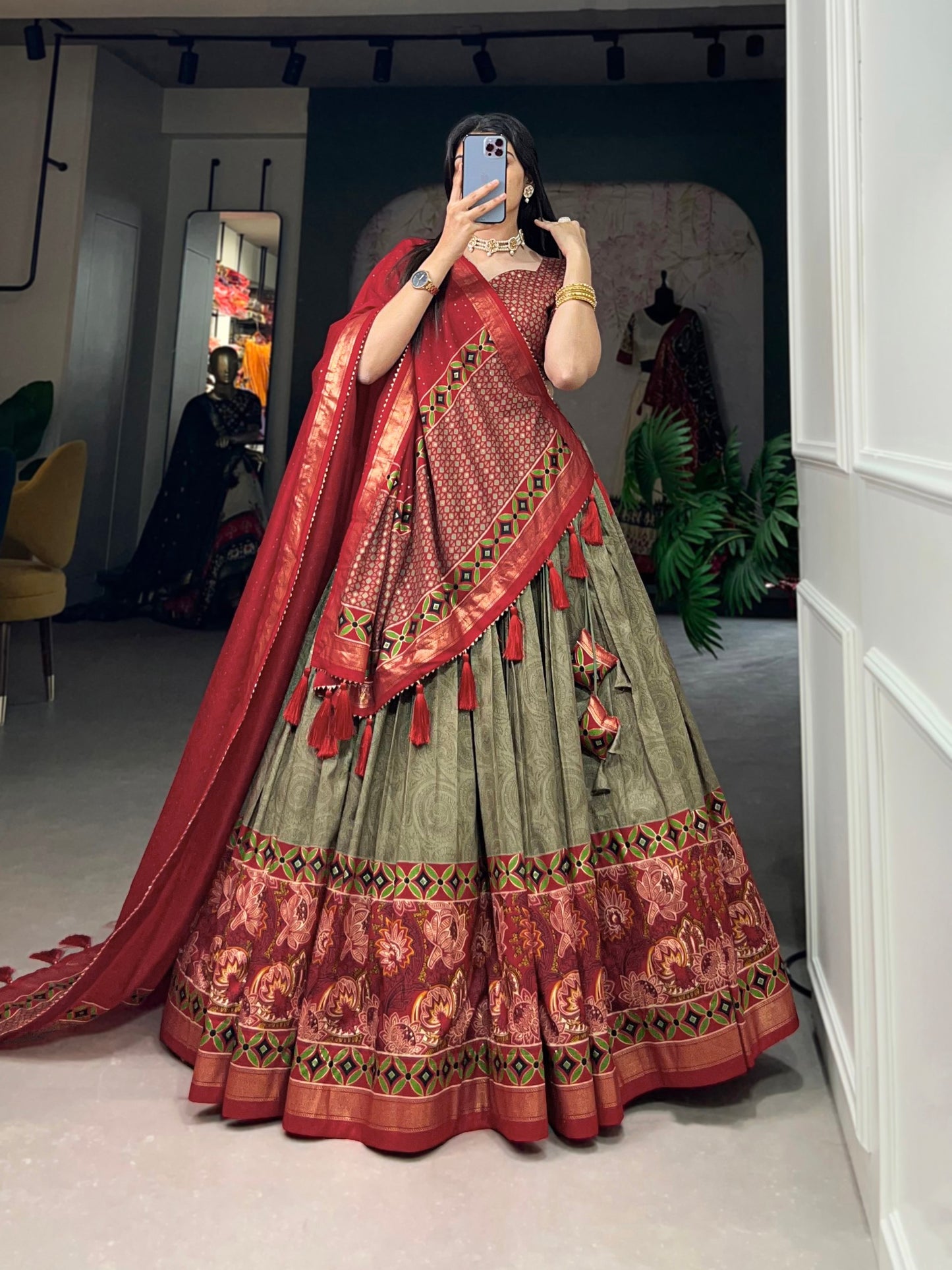 Mehandi Color Floral Print With Foil Print Tussar Silk Lehenga Choli