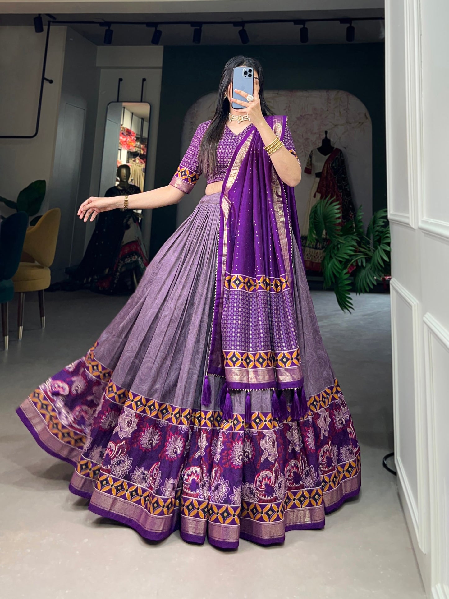 Purple Color Floral Print With Foil Print Tussar Silk Lehenga Choli