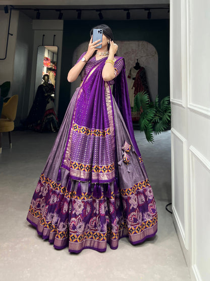 Purple Color Floral Print With Foil Print Tussar Silk Lehenga Choli