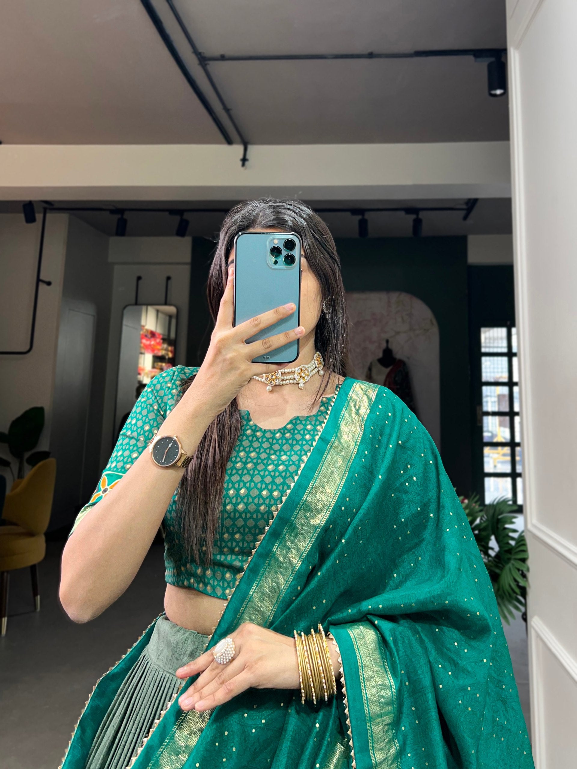 See Green Color Floral Print With Foil Print Tussar Silk Lehenga Choli