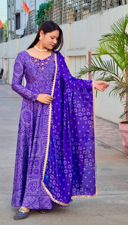 Royal Blue Heavy Hand Work Patch Heavy Digital Print Bandhani Gown