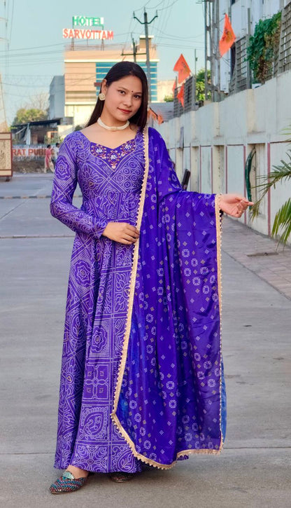 Royal Blue Heavy Hand Work Patch Heavy Digital Print Bandhani Gown