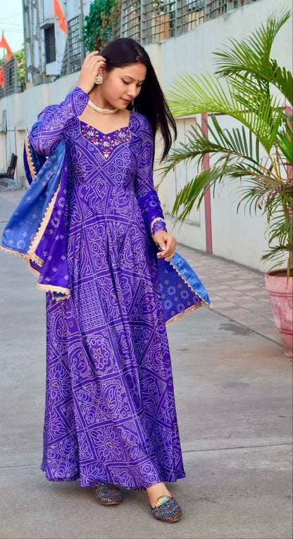 Royal Blue Heavy Hand Work Patch Heavy Digital Print Bandhani Gown