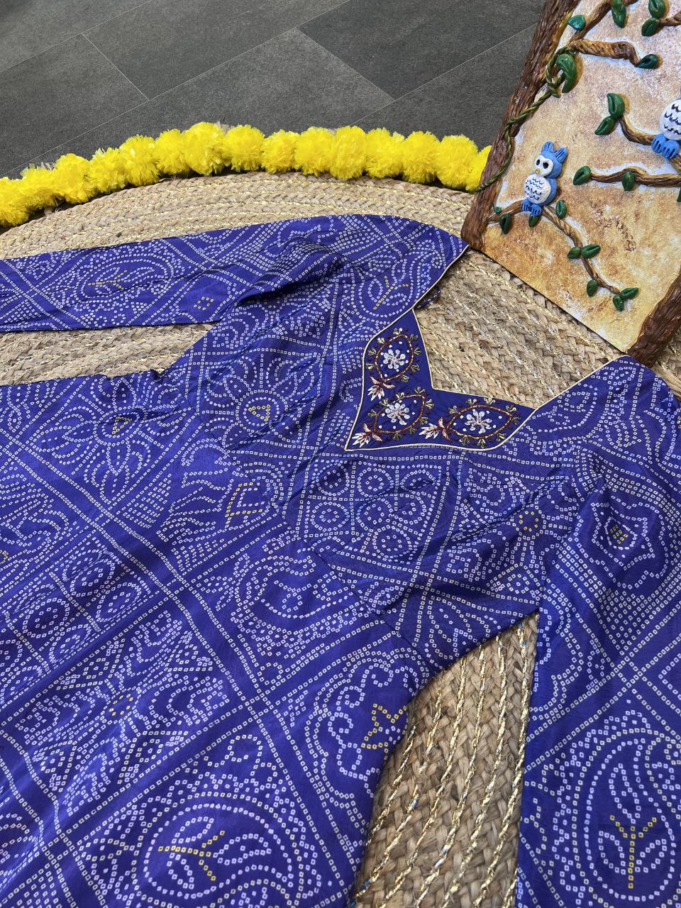 Royal Blue Heavy Hand Work Patch Heavy Digital Print Bandhani Gown