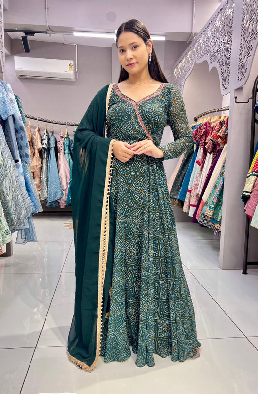 Green Color Heavy Digital Print and Hand Work Bandhani Gown