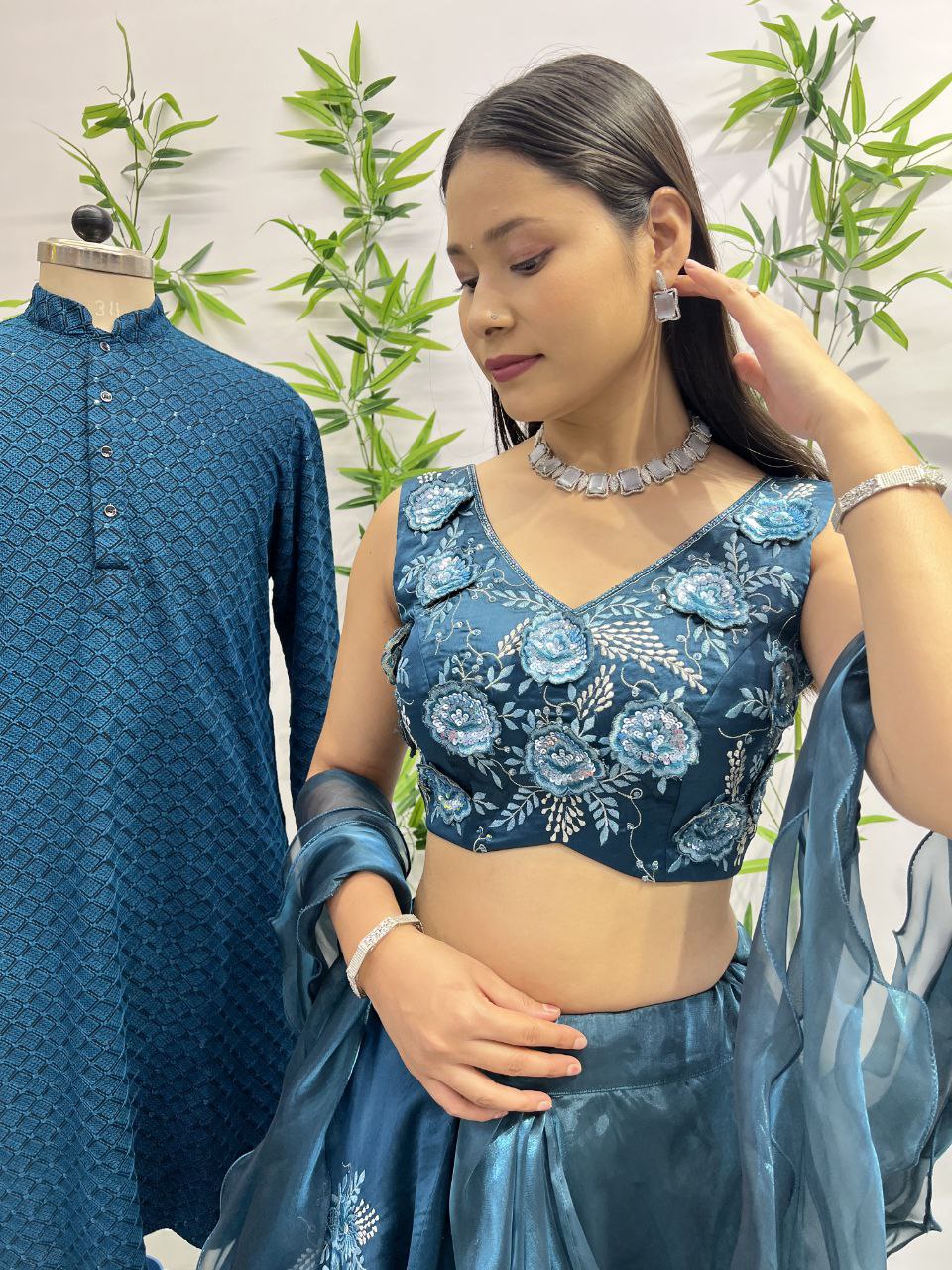 Rama Color Heavy Embroidery Zari and Thread Sequence Work Western Flower Lehenga Choli