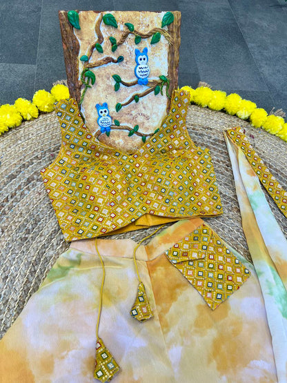 Yellow Shibori Sharara Set Heavy Digital Print and Pocket Attach Heavy Embroidery