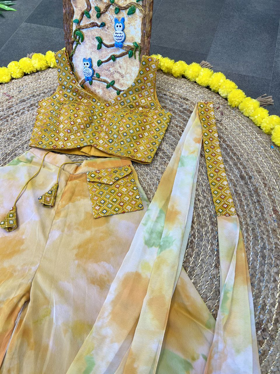 Yellow Shibori Sharara Set Heavy Digital Print and Pocket Attach Heavy Embroidery