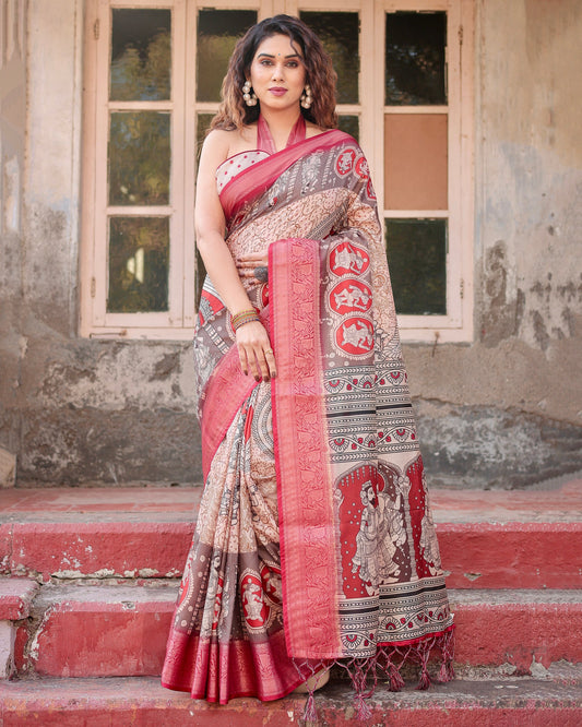 PURE SILK DIGITALLY PRINTED SAREE WEAVED WITH GOLDEN ZARI COMES WITH TASSELS