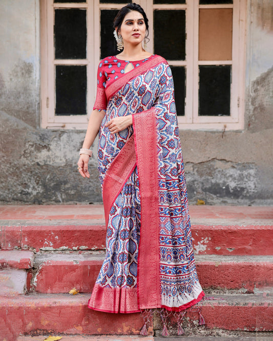 PURE SILK DIGITALLY PRINTED SAREE WEAVED WITH GOLDEN ZARI COMES WITH TASSELS