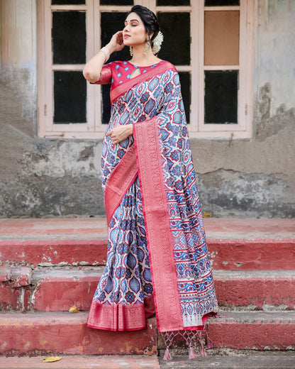 PURE SILK DIGITALLY PRINTED SAREE WEAVED WITH GOLDEN ZARI COMES WITH TASSELS