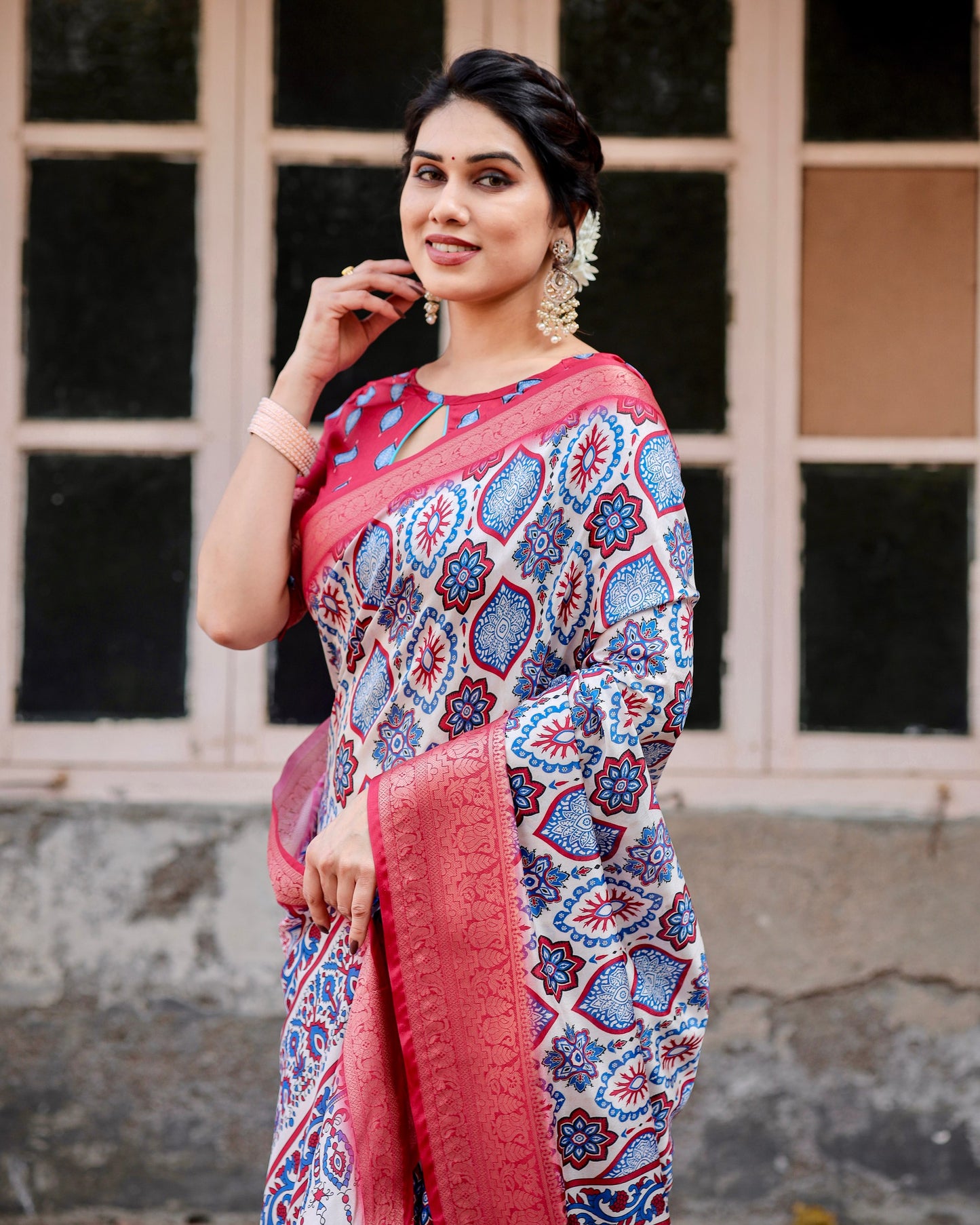 PURE SILK DIGITALLY PRINTED SAREE WEAVED WITH GOLDEN ZARI COMES WITH TASSELS