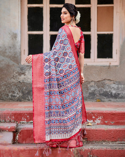 PURE SILK DIGITALLY PRINTED SAREE WEAVED WITH GOLDEN ZARI COMES WITH TASSELS