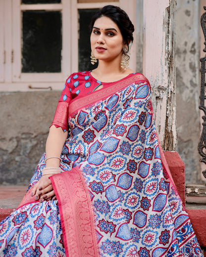 PURE SILK DIGITALLY PRINTED SAREE WEAVED WITH GOLDEN ZARI COMES WITH TASSELS