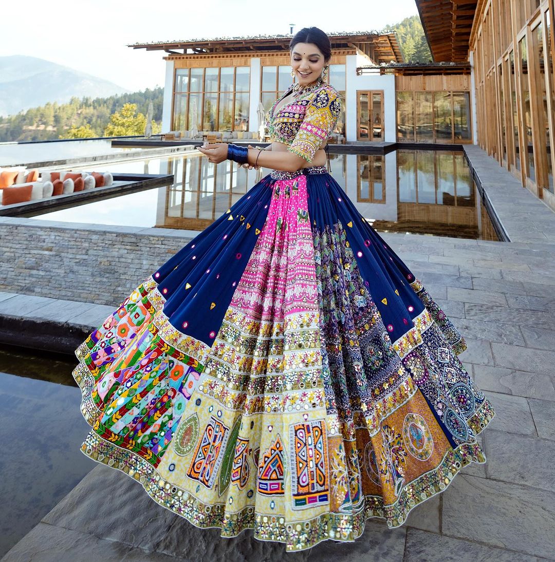 Blue Pink Fancy Digital Print And Real Mirror Work Navratri Lehenga
