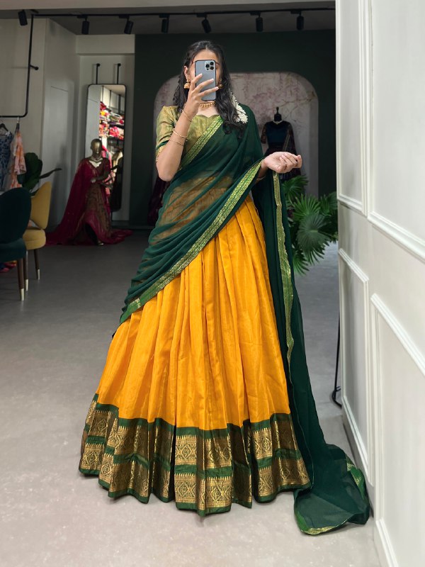 Yellow Color Zari Weaving Work Kanchipuram Haldi Lehenga Choli