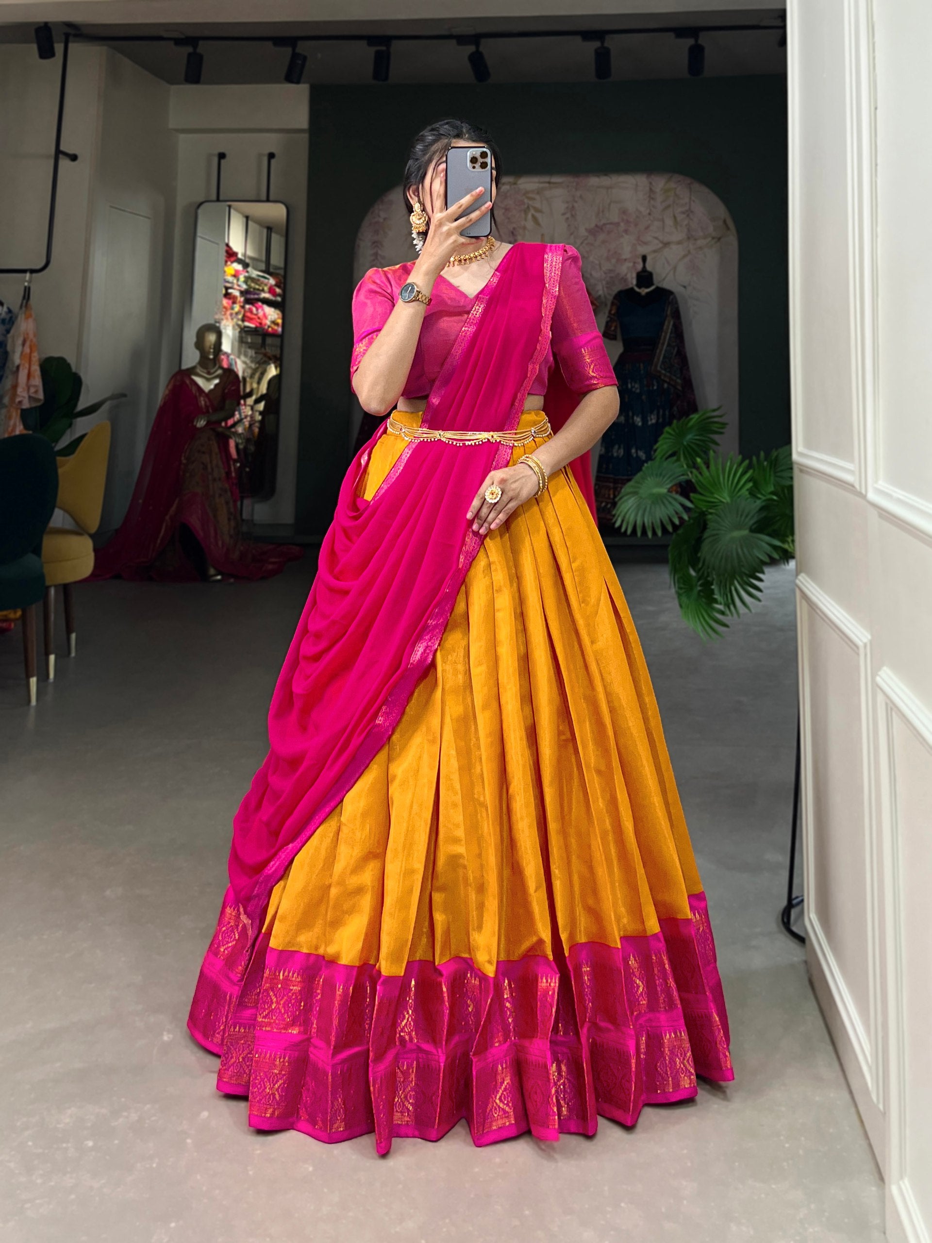 Mustard Color Zari Weaving Work Kanchipuram South Indian Lehenga Choli