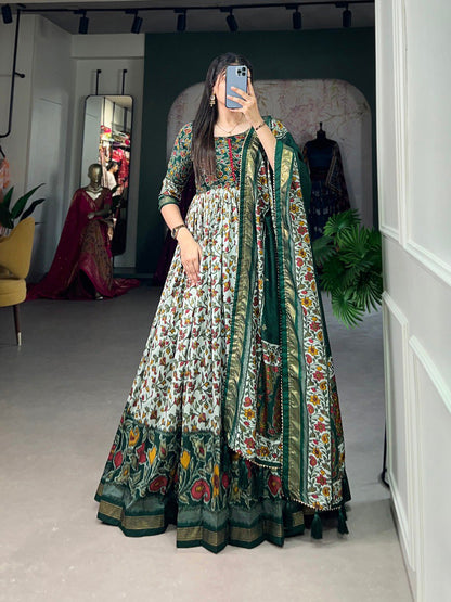 Green Color Print With Foil Work Tussar Silk Dress