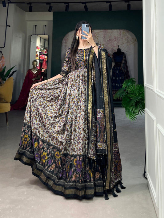 Black Color Print With Foil Work Tussar Silk Dress