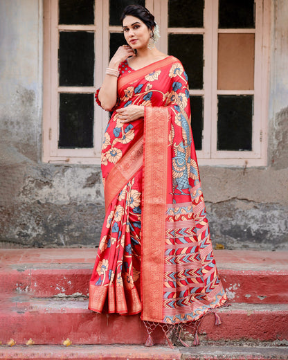 PURE SILK DIGITALLY PRINTED SAREE WEAVED WITH GOLDEN ZARI COMES WITH TASSELS