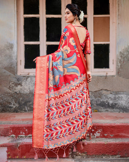 PURE SILK DIGITALLY PRINTED SAREE WEAVED WITH GOLDEN ZARI COMES WITH TASSELS