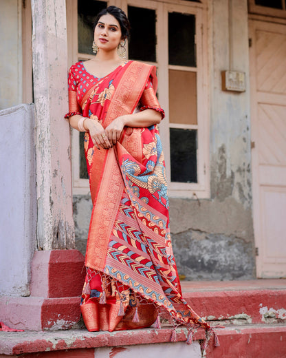 PURE SILK DIGITALLY PRINTED SAREE WEAVED WITH GOLDEN ZARI COMES WITH TASSELS