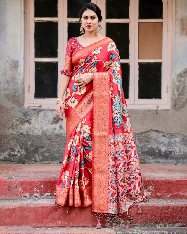 PURE SILK DIGITALLY PRINTED SAREE WEAVED WITH GOLDEN ZARI COMES WITH TASSELS