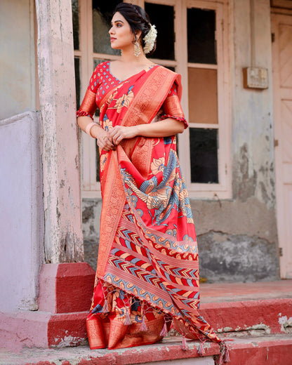 PURE SILK DIGITALLY PRINTED SAREE WEAVED WITH GOLDEN ZARI COMES WITH TASSELS