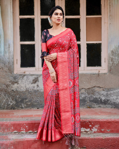 PURE SILK DIGITALLY PRINTED SAREE WEAVED WITH GOLDEN ZARI COMES WITH TASSELS