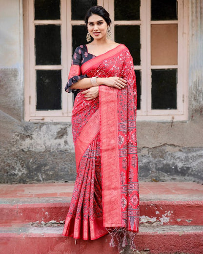 PURE SILK DIGITALLY PRINTED SAREE WEAVED WITH GOLDEN ZARI COMES WITH TASSELS