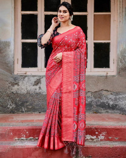 PURE SILK DIGITALLY PRINTED SAREE WEAVED WITH GOLDEN ZARI COMES WITH TASSELS