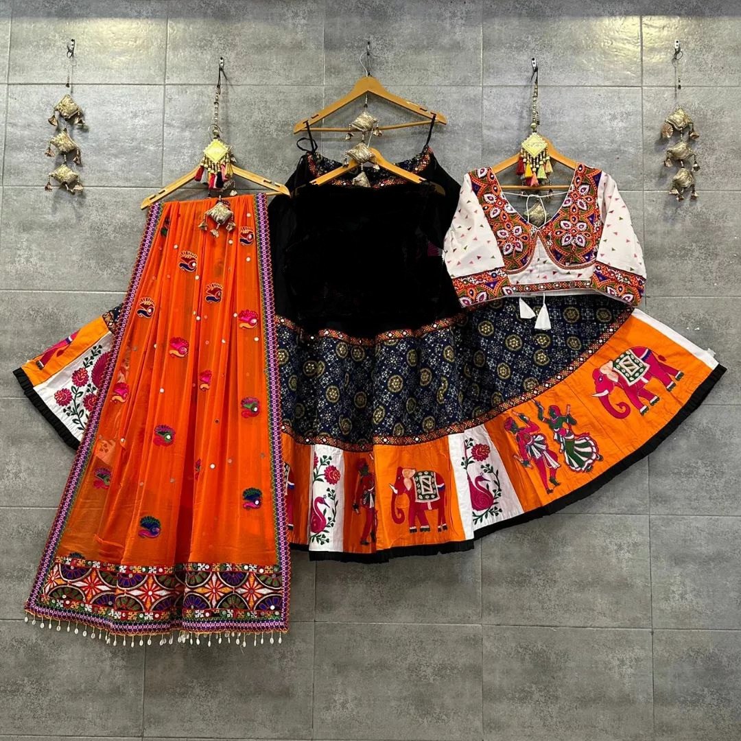 Orange Black Fancy Digital Print And Real Mirror Work Navratri Lehenga Choli