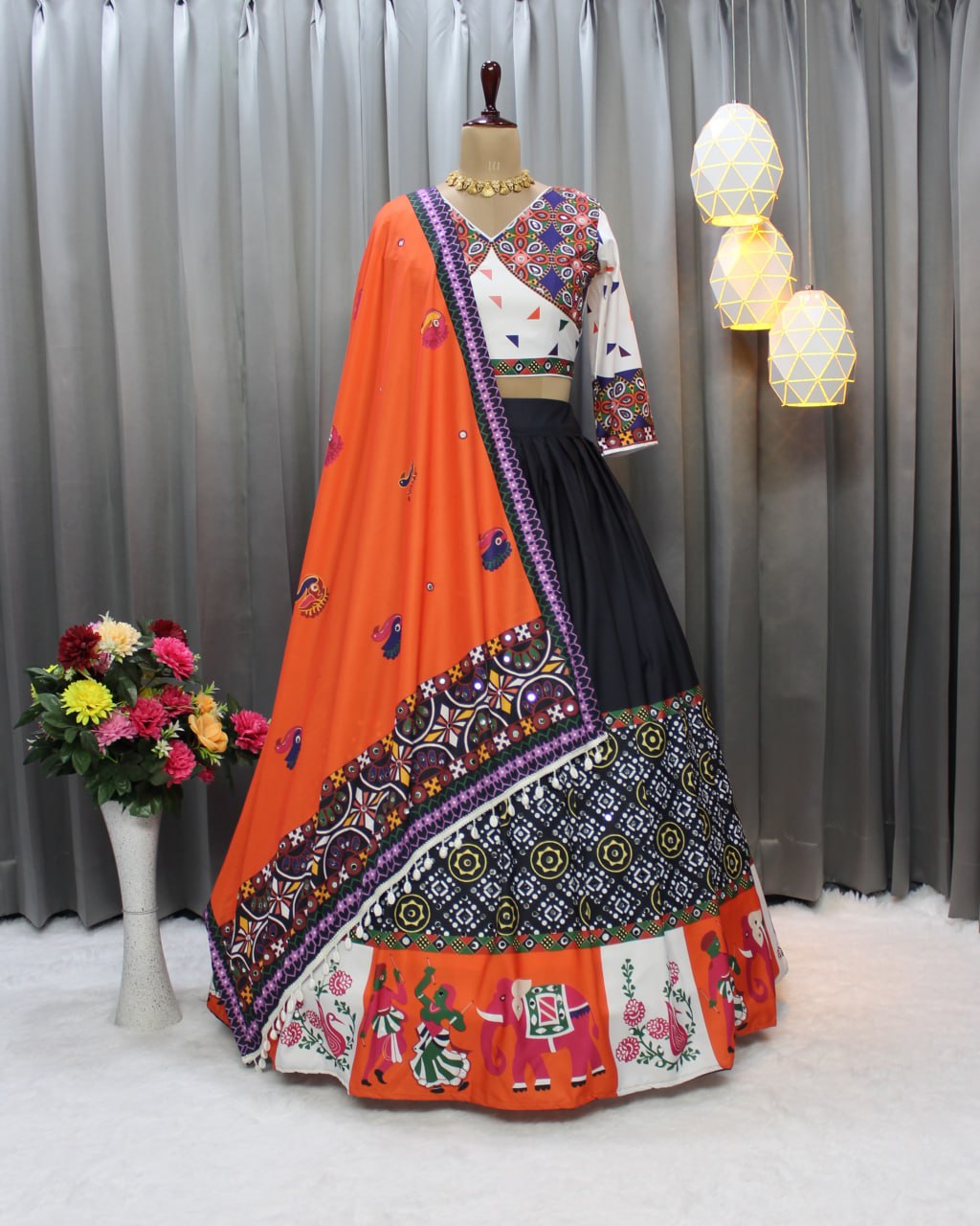 Orange Black Fancy Digital Print And Real Mirror Work Navratri Lehenga Choli