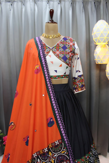 Orange Black Fancy Digital Print And Real Mirror Work Navratri Lehenga Choli