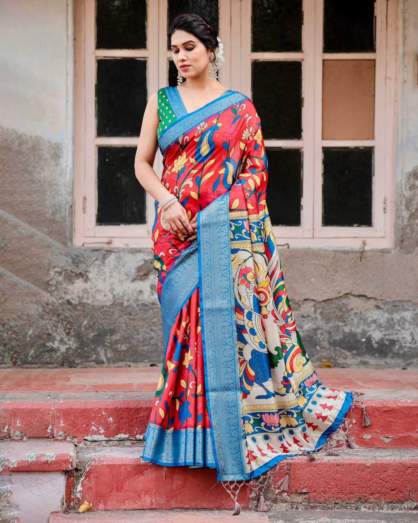 PURE SILK DIGITALLY PRINTED SAREE WEAVED WITH GOLDEN ZARI COMES WITH TASSELS